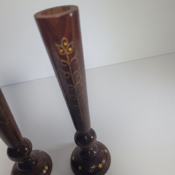Pair Etched Wood Candlesticks 8" Thin, stars, swirls Made In India Vintage MCM - Picture 4 of 8